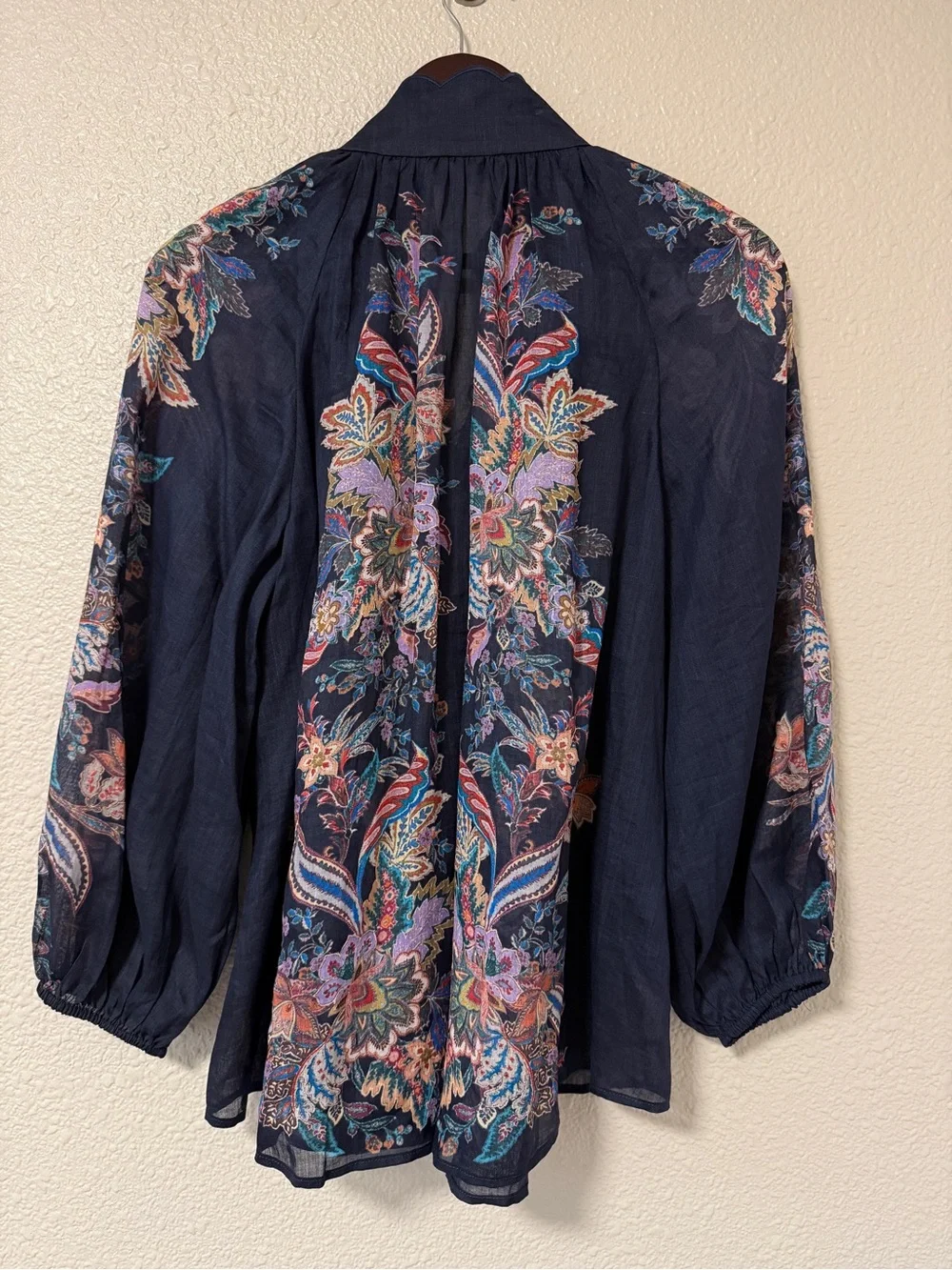 Zimmermann Rhiannon Billow Blouse 100% Ramie Paisley Boho Sheer Navy Top M - Picture 12 of 14